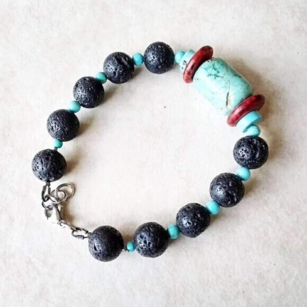 Uniquely Handmade! Red + Turquoise Howlite + Black Lava Rock Bracelet! 6.5-7" - Picture 3 of 9